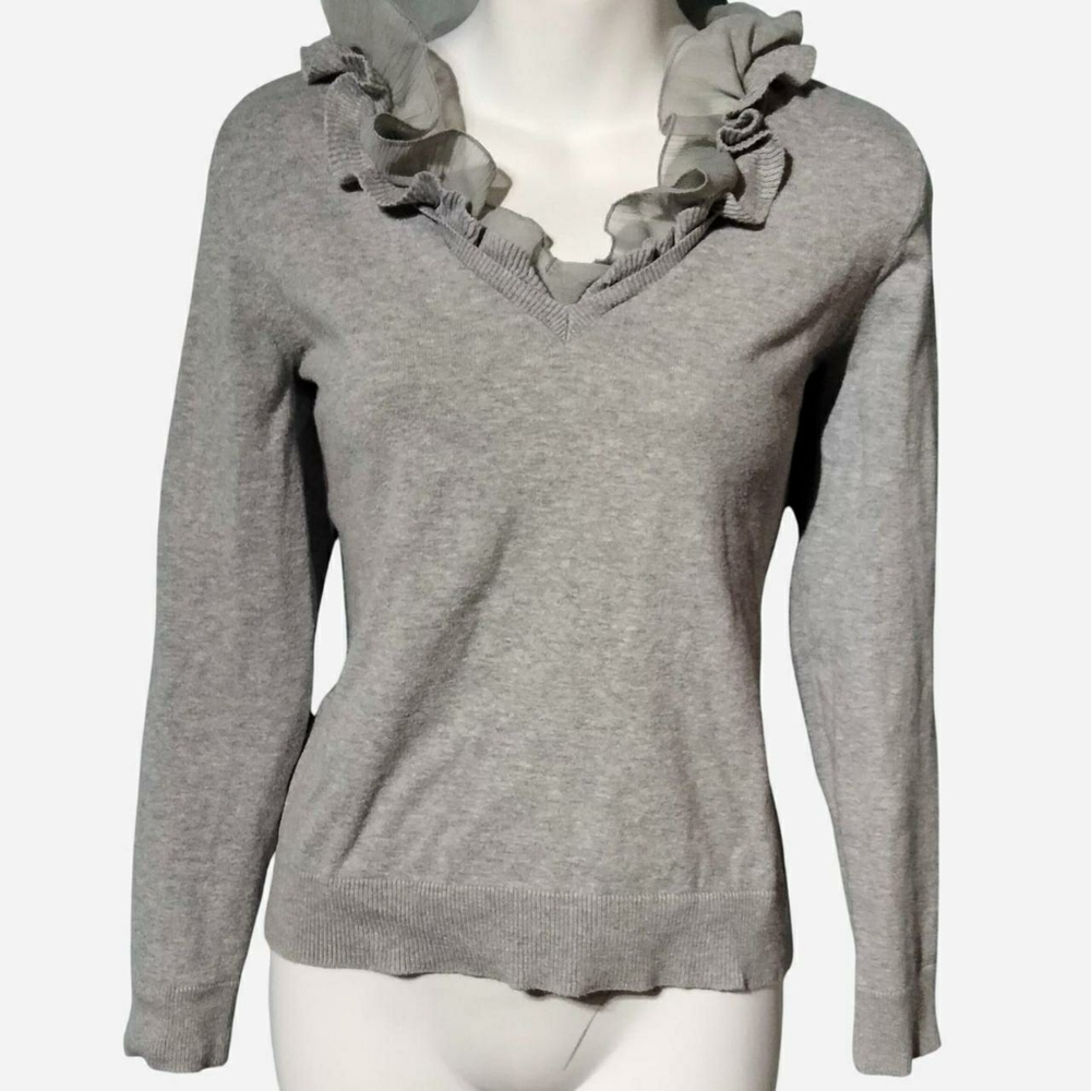 Chaps Classic Grey V-Neck Sweater with Ruffle Collar